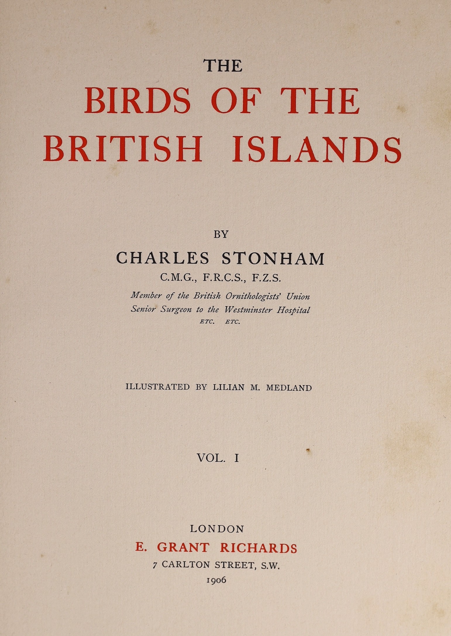 Stonham, Charles - The Birds of the British Islands, illustrated by Lilian M. Medland, 5 vols, folio, half calf with green cloth boards, with 2 folding maps, a double-page diagram and 318 full page tissue-guarded engrave